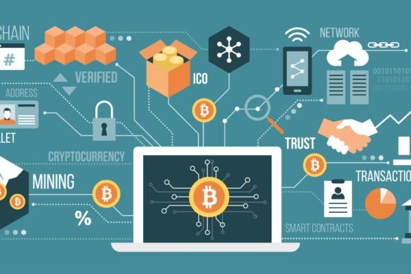 Blockchain - Bitcoin,,Cryptocurrency,And,Blockchain,Technology,,Laptop,Connected,To,A,Network