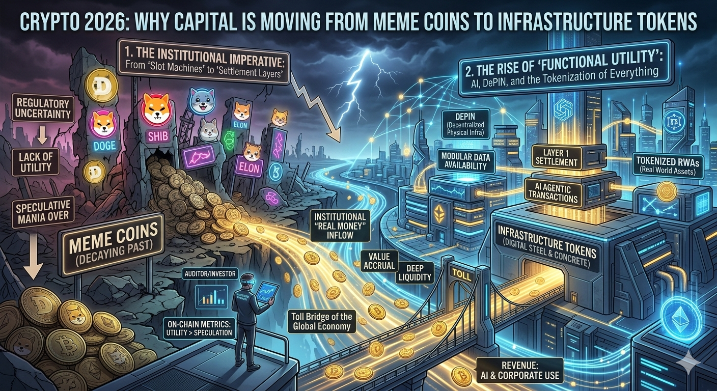 Crypto-Crypto 2026 Why Capital Is Moving From Meme Coins to Infrastructure Tokens