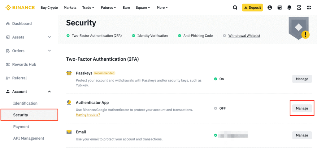 Enable 2FA Binance