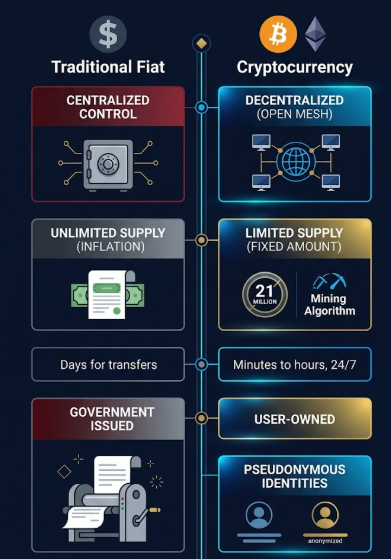 what is cryptocurrency 2026 -Cryptocurrency vs traditional money 2026 infographic 