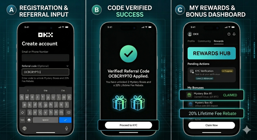 OKX referral code 2026-Code OCBCRYPTO applied: 2 Mystery Boxes unlocked + 20% Lifetime Fee Rebate.