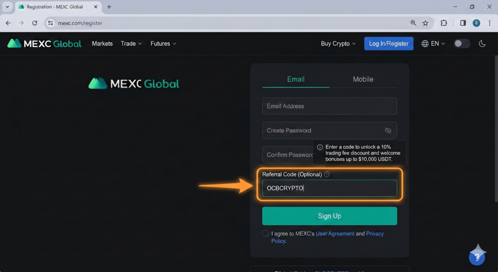 mexc referral code 2026-MEXC Registration Page — Arrow pointing to the Referral Code box