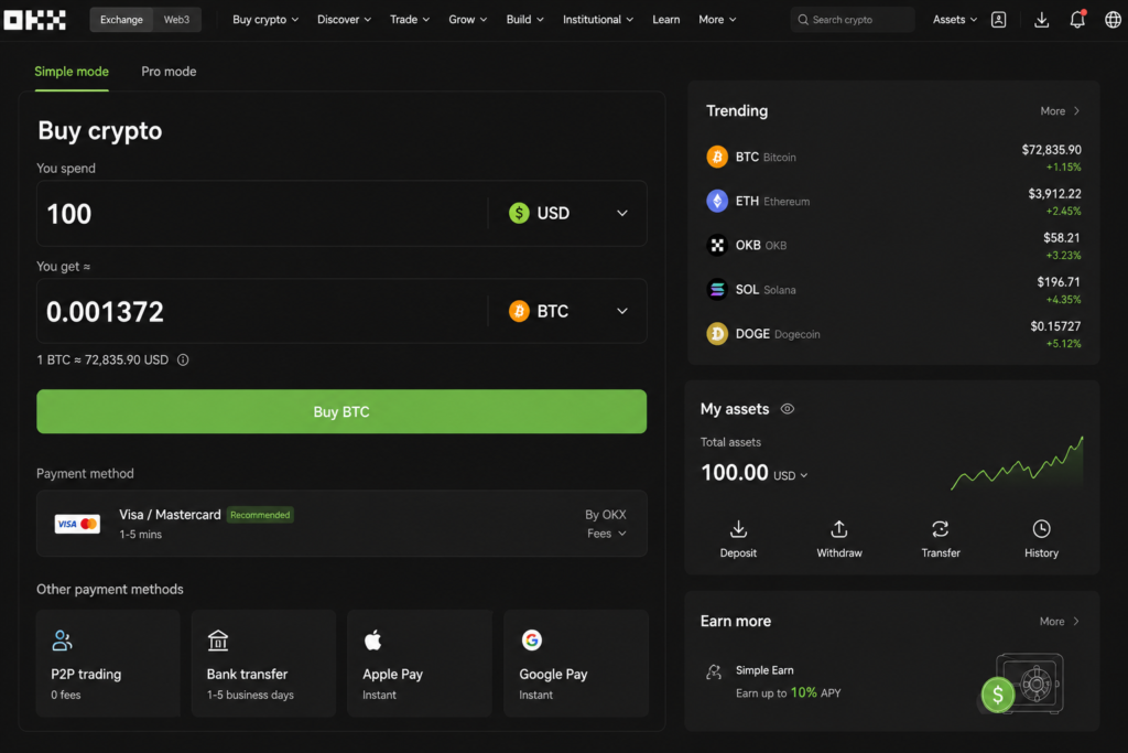 okx review 2026- OKX Simple mode interface