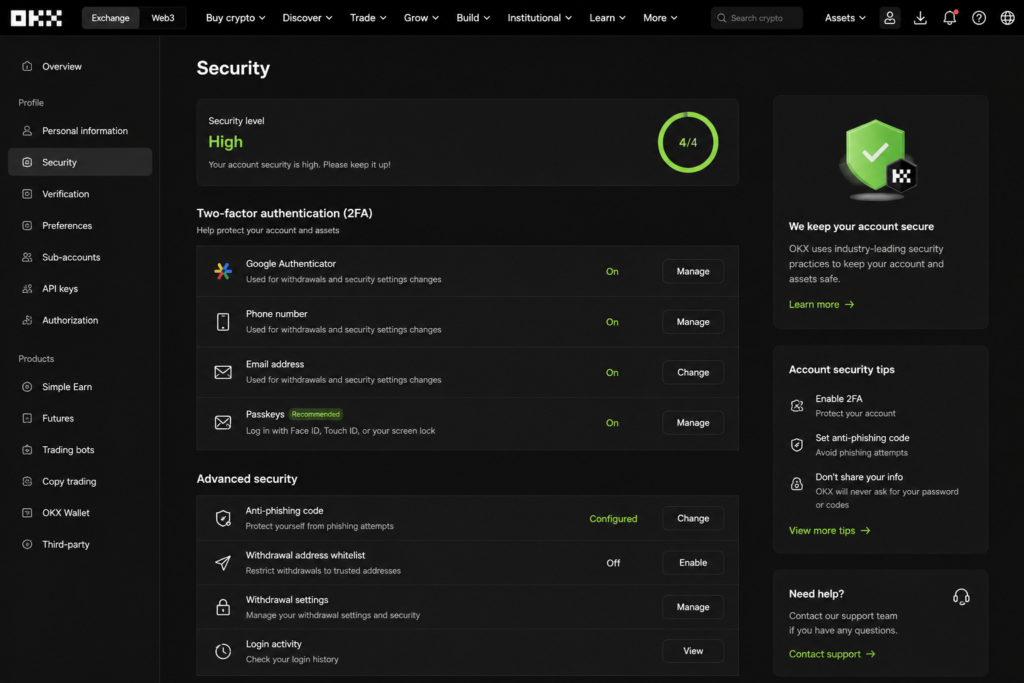 okx review 2026-OKX Security settings / 2FA page