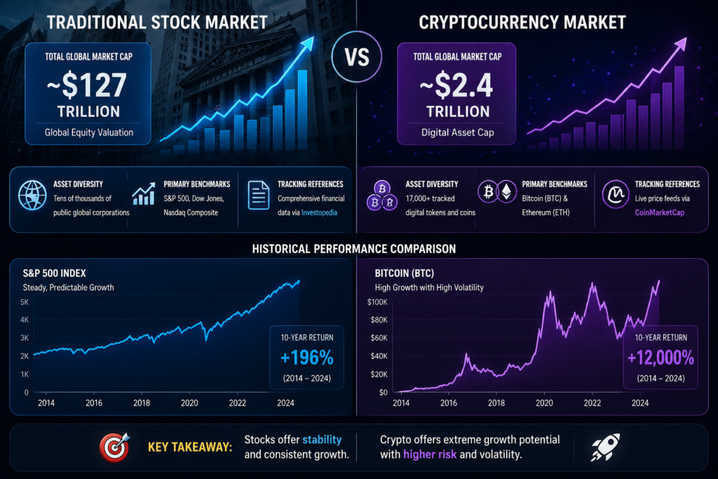 crypto vs stocks beginners 2026-Comparing Market Sizes and Real-World Performance