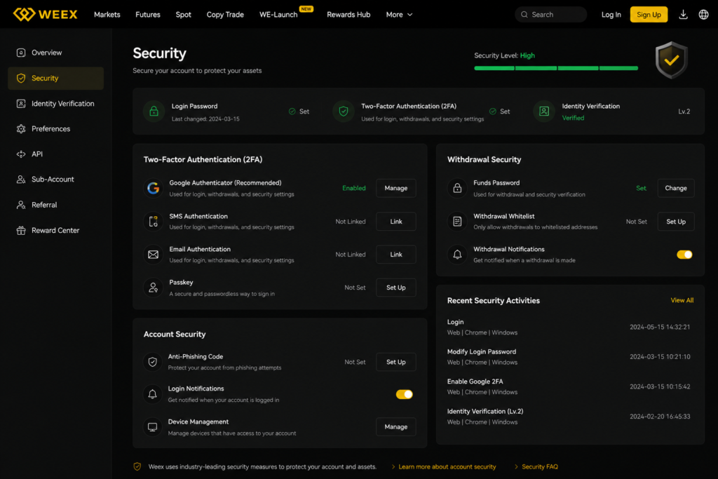 weex review 2026--Weex Security settings