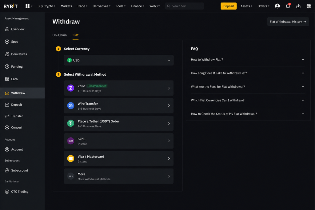 how to withdraw crypto to bank account 2026-Bybit → Withdraw → Fiat section