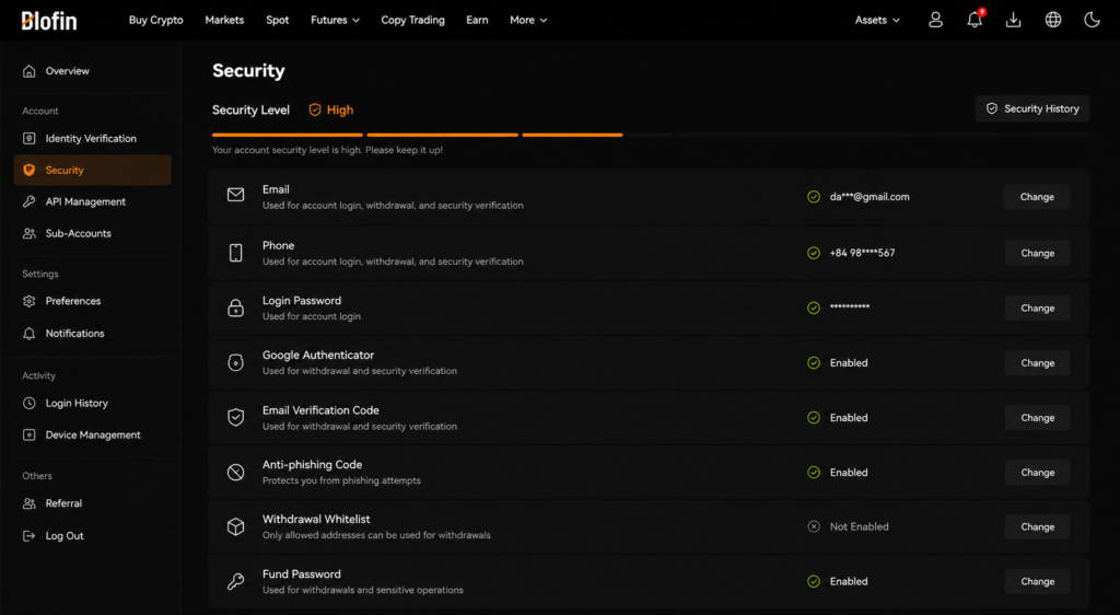 blofin review 2026-Blofin Security settings