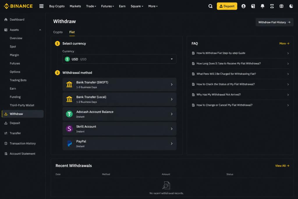 how to withdraw crypto to bank account 2026-Binance → Withdraw → Fiat section