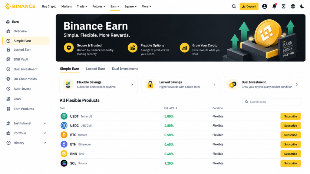 How to Use Binance Beginners 2026-Binance Earn hub showing Simple Earn options and yields