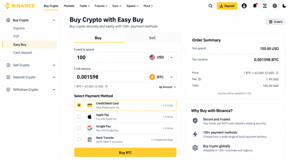 How to Use Binance Beginners 2026-Binance Easy Buy / Convert interface showing payment selection