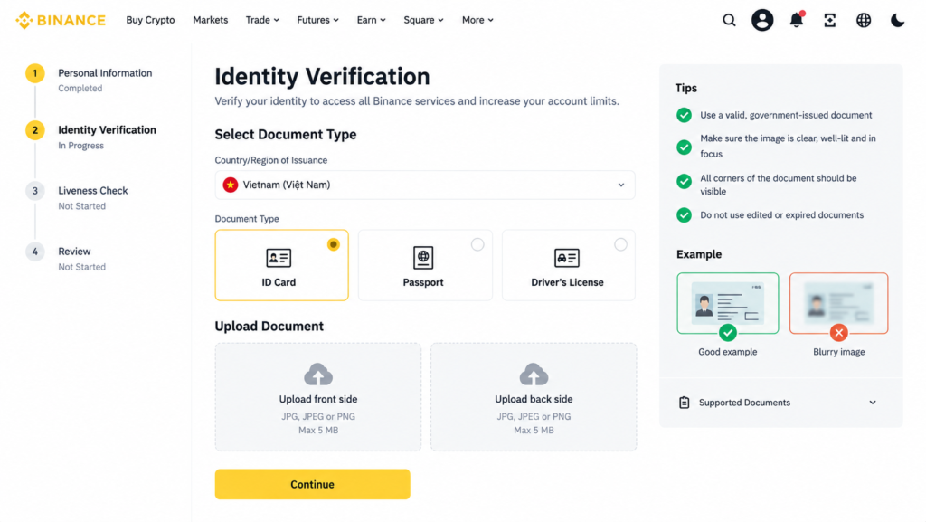 How to Use Binance Beginners 2026-Binance KYC identity verification portal showing document upload prompts