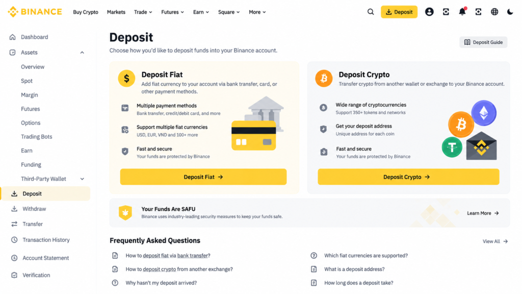 How to Use Binance Beginners 2026-Binance deposit section displaying Fiat and Crypto deposit options