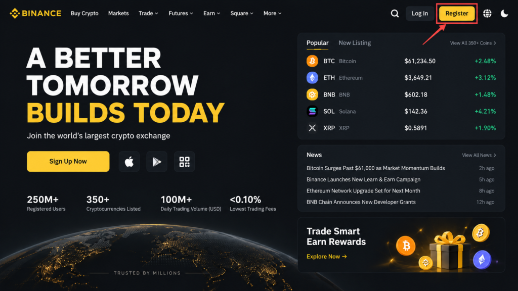 How to Use Binance Beginners 2026-Binance homepage with the Register button highlighted
