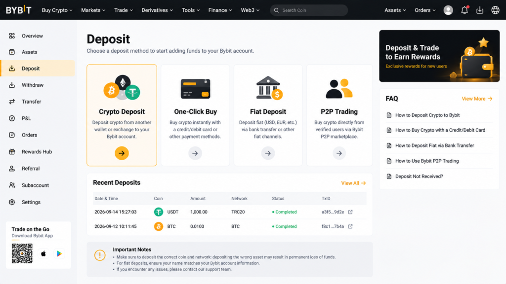 how to use bybit beginners 2026-Bybit Deposit page displaying options for Crypto Deposit, One-Click Buy, Fiat Deposit, and P2P Trading