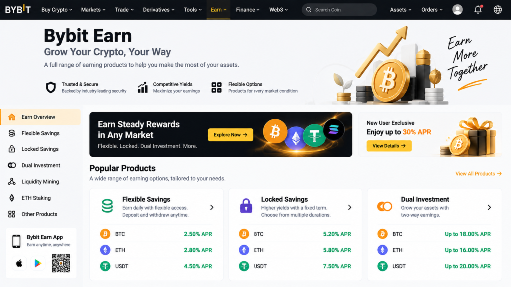 how to use bybit beginners 2026-Bybit Earn interface showing Flexible Savings, Locked Savings, and Dual Investment product options