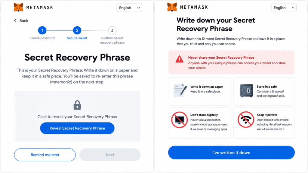 what is crypto wallet 2026-MetaMask recovery phrase screen displaying the hidden seed phrase box alongside physical backup security warnings