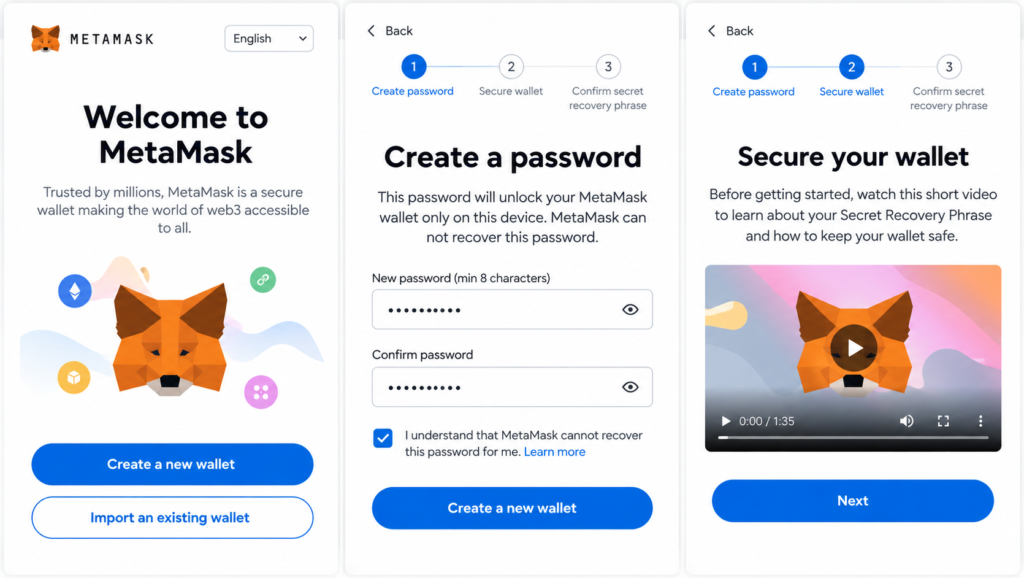 what is crypto wallet 2026-MetaMask wallet onboarding screen showcasing the "Create a new wallet" option and password creation interface.