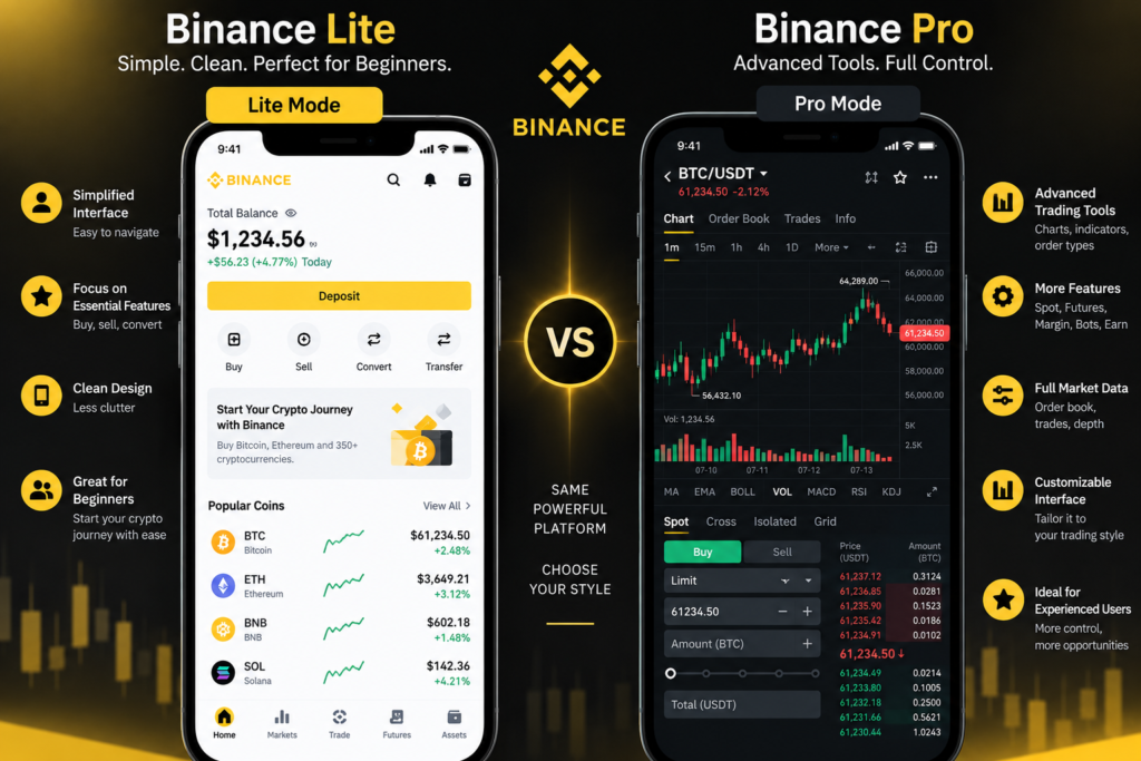 How to Use Binance Beginners 2026-Side-by-side comparison of Binance Lite mode interface versus Binance Pro mode