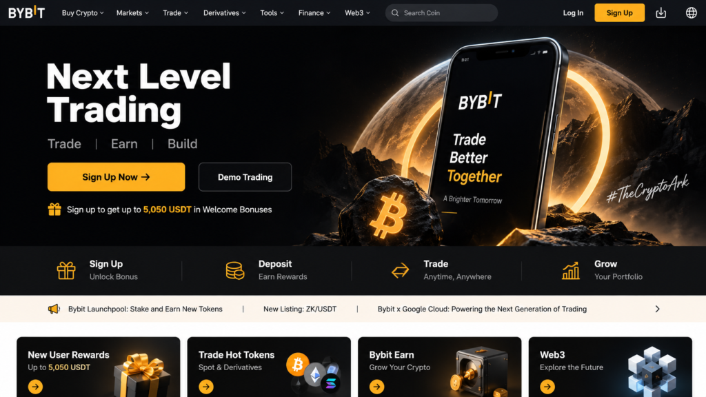 how to use bybit beginners 2026-Bybit homepage showing the top navigation bar and prominent "Sign Up" button