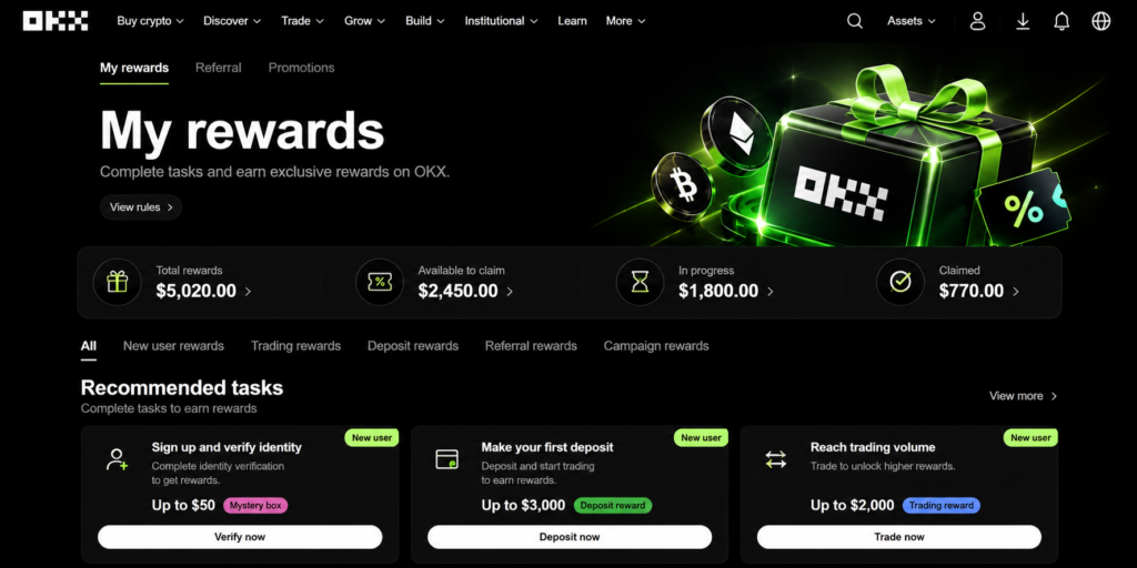 okx referral code 2026-OKX User Rewards/Task Center dashboard displaying active mystery boxes, fee rebate indicators, and progressive deposit bonus tiers.