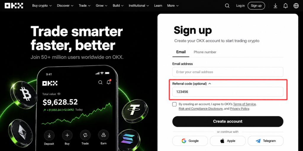 okx referral code 2026-OKX registration page showcasing the signup form with the "Referral Code (Optional)" field highlighted and populated with the referral code.