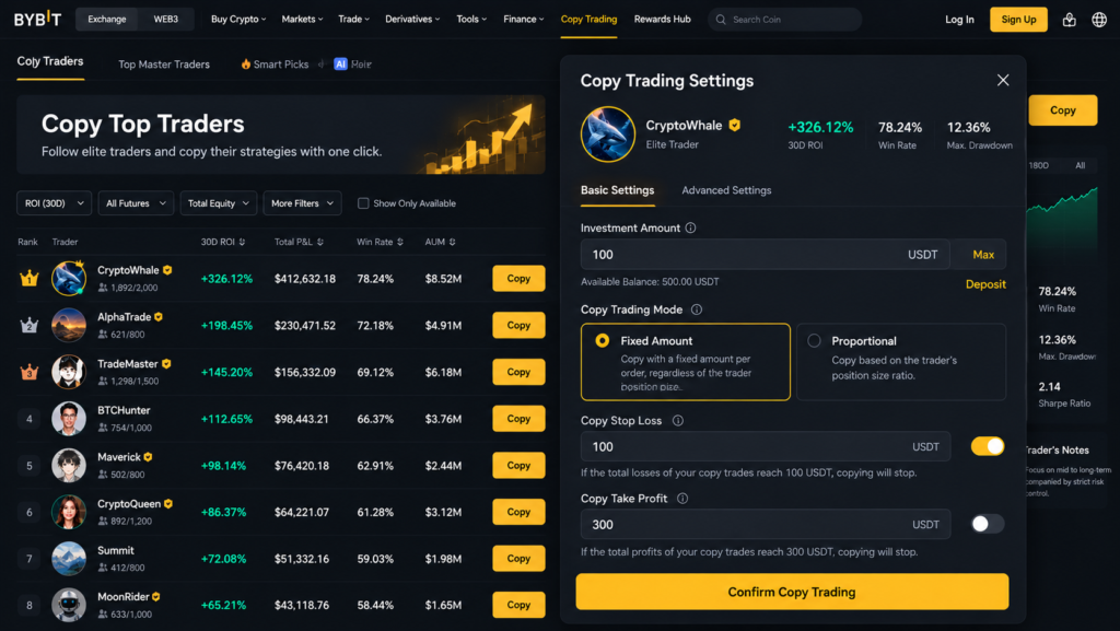 Bybit Copy Trading guide-Active Trades Management Screen (Open Positions, Realized PnL, Unfollow Button) 