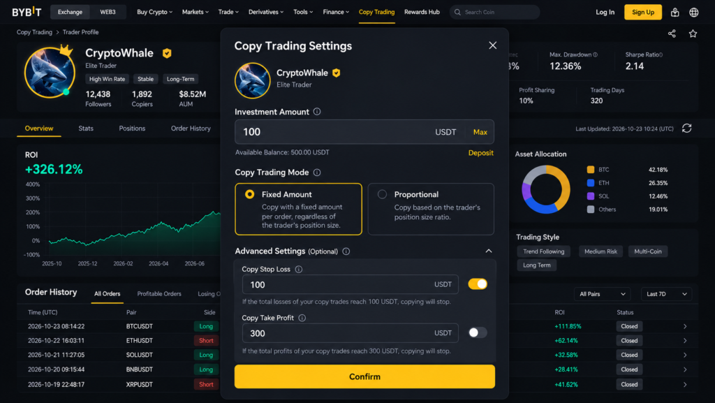 Bybit Copy Trading guide-Bybit Setup Screen (Investment Amount, Copy Stop Loss, Mode Selection)